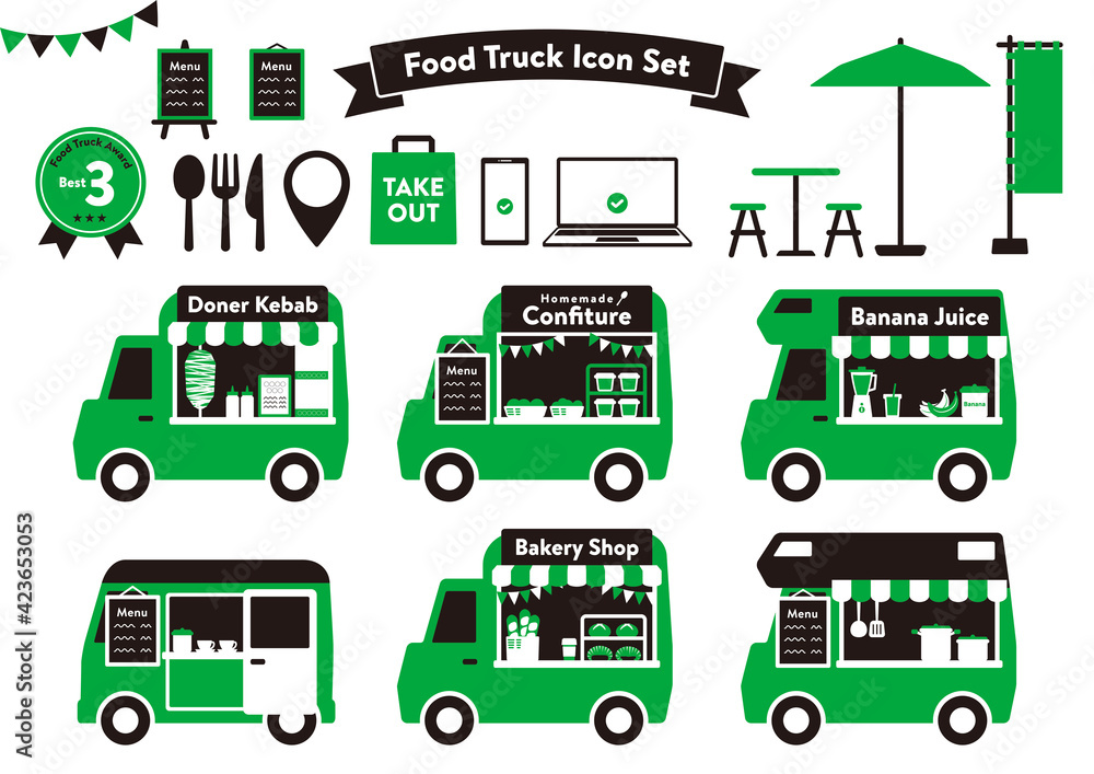 かわいいフードトラック キッチンカーのイラスト 黒 緑 A Stock Vector Adobe Stock