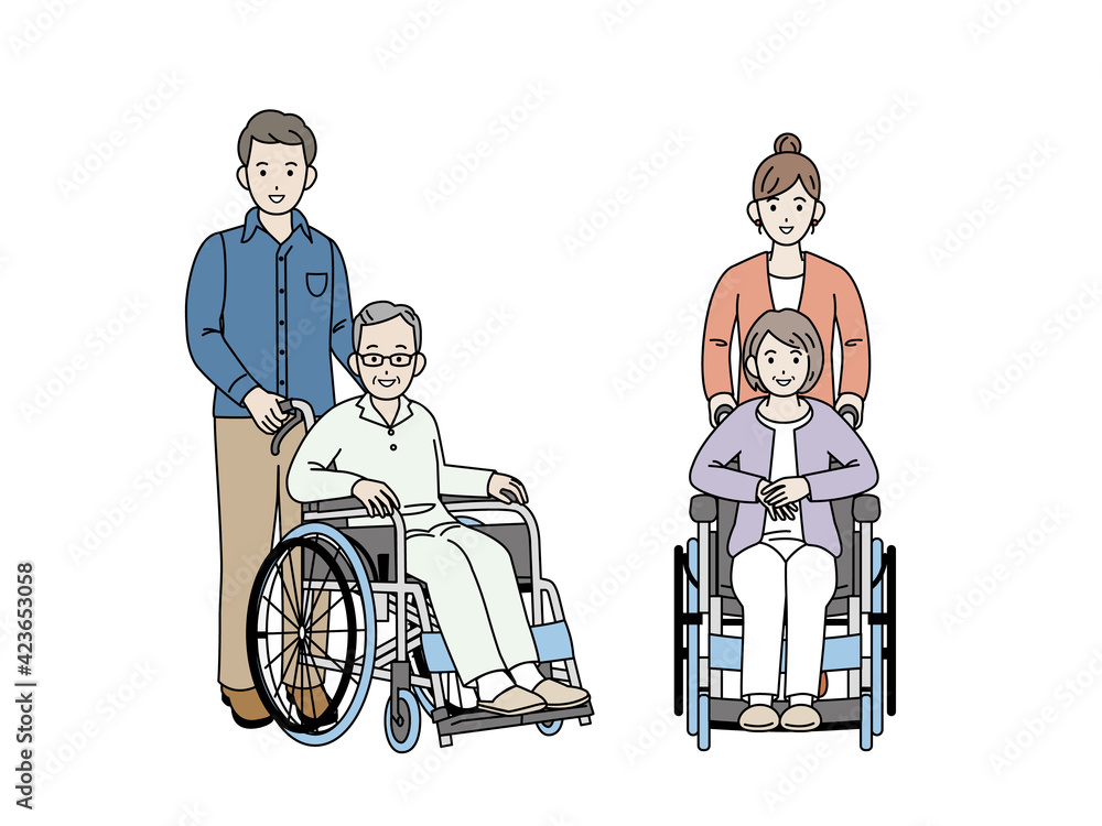 車いす 車椅子に座る年配の男女 介護する 息子 娘 シニア 高齢者 イラスト素材 Stock Vector Adobe Stock