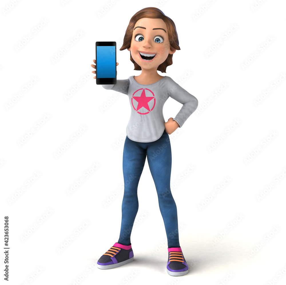 Fun 3D cartoon teenage girl with a phone Иллюстрация Stock | Adobe Stock