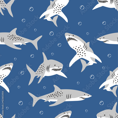 Childish seamless pattern with angry shark. Creative texture for fabric, textile