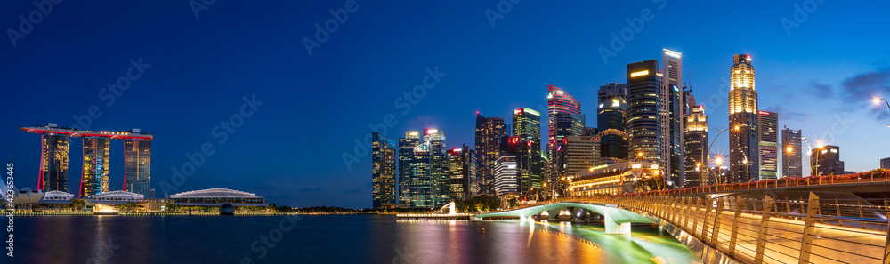 Ultra wide panorama of City scape of Singapore central area at magic hour.
