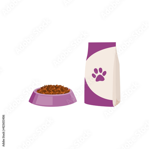 Packaging of food and bowl full of feed for dog or cat a vector illustration