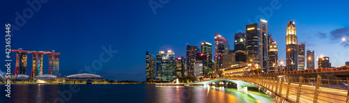 Ultra wide panorama of City scape of Singapore central area at magic hour.