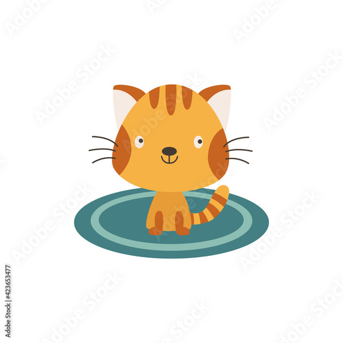 Funny ginger kitten or cat on knitted mat flat vector illustration isolated.