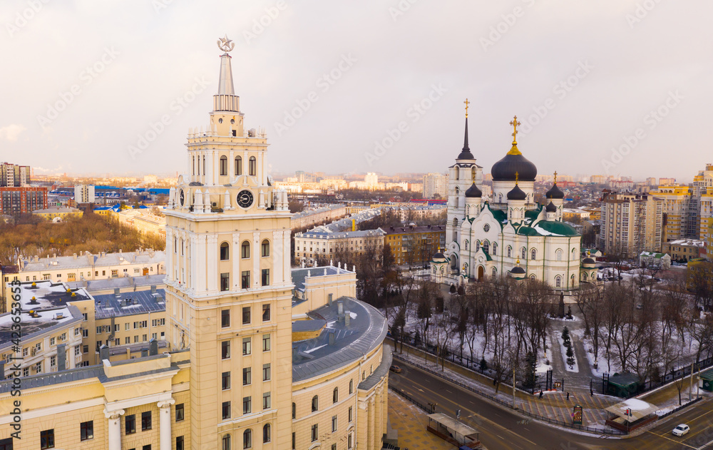 Naklejka premium Aerial view of main Cathedral and Southeast Railway Building in Voronezh on a sunny winter day, Russia
