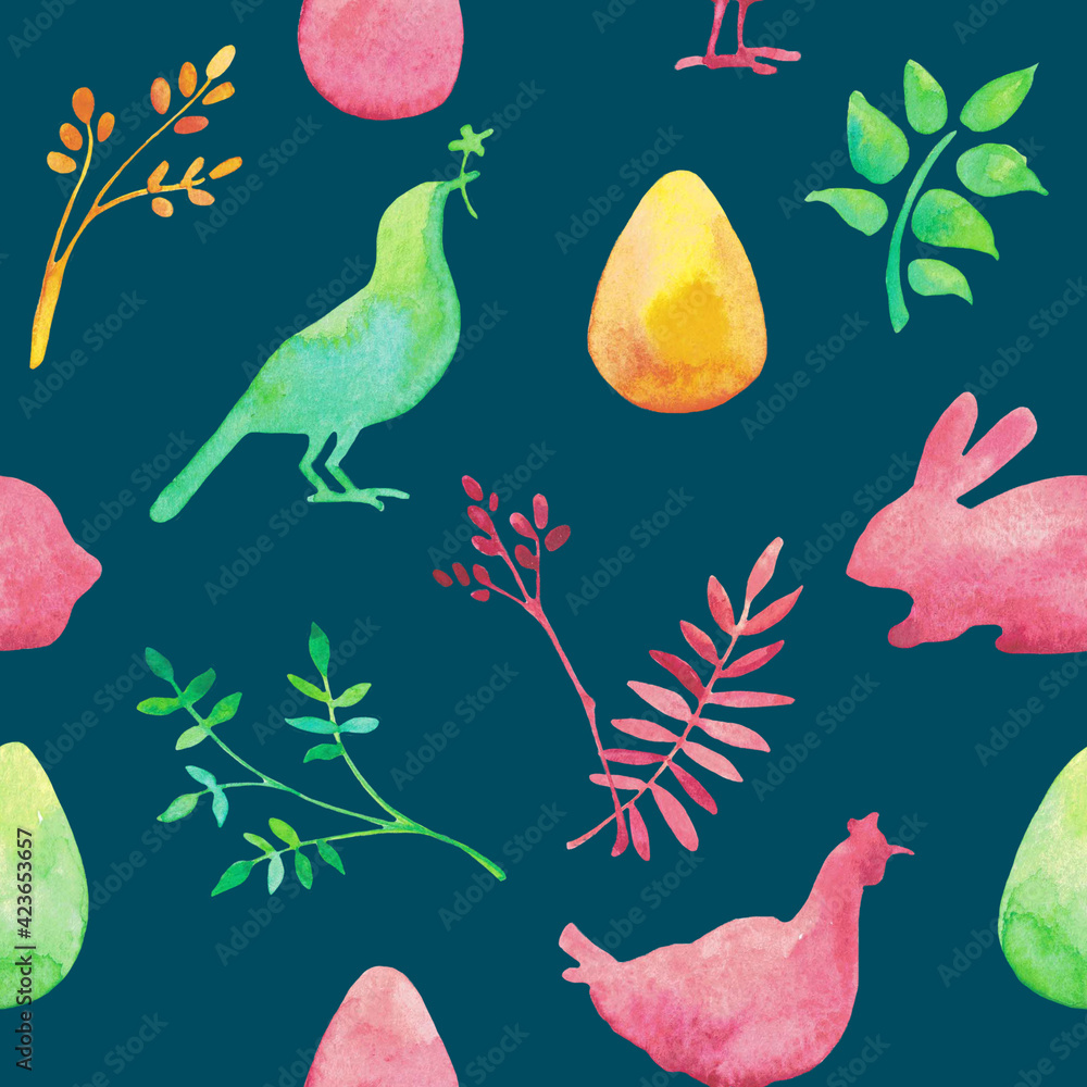 Seamless watercolor pattern with plants, hen, rabbit and eggs on the dark background. Easter or spring hand drawn illustration