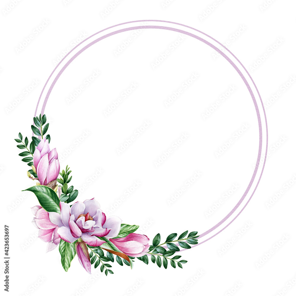 Magnolia flower round frame. Watercolor image. Tender pink magnolia flower decoration element. Elegant wreath with spring blossoms and green leaf. Round invitation, greeting frame on white background