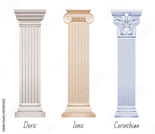 Column pillar vector set. Greek or Roman old architecture. Ancient antique classic column from Greece, Rome. White pedestal illustration. Old style design pillar, marble stone isolated sculpture icon.