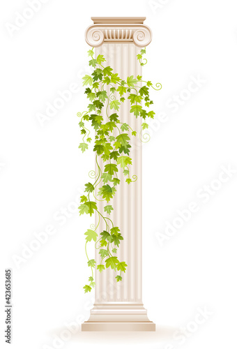 Vector ivy column. Greek marble architecture pillar with green ivy leaf. Illustration with vine plant climbing on antique column. Ancient roman or greek design decoration in watercolor style isolated