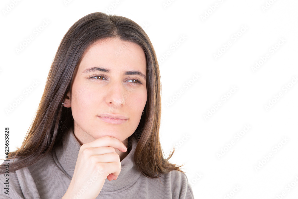 pensive woman creating idea hand finger on chin aside copy space isolated over white background pensive woman creating idea hand finger on chin aside copy space isolated over white background