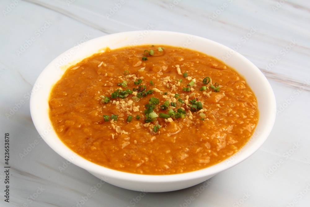 Freshly cooked Filipino food called Lugaw or rice porridge or congee Freshly cooked Filipino food called Lugaw or rice porridge or congee