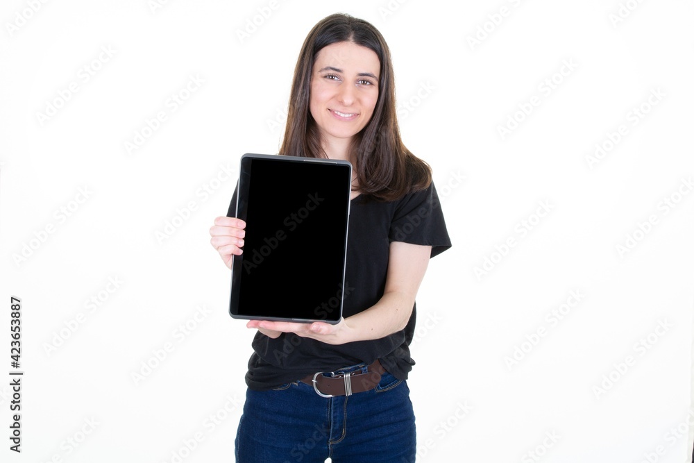 business woman presenting holding tablet computer empty blank black screen business woman presenting holding tablet computer empty blank black screen