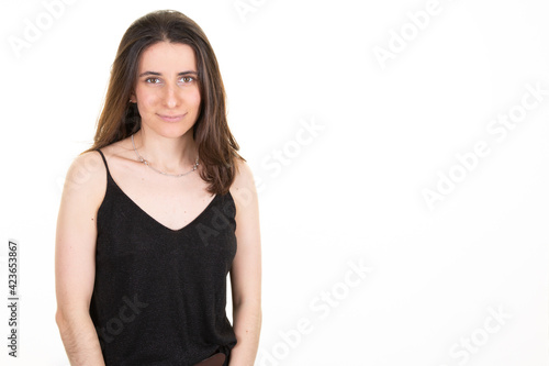 young happy woman in casual attire clothes girl slim teenager aside white background copy space