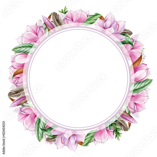 Magnolia flower round frame. Watercolor illustration. Tender pink magnolia flower decoration. Elegant wreath from spring blossoms with green leaf. Round invitation, greeting frame on white background