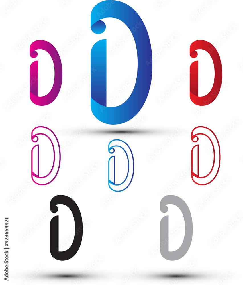 D letter logo design template with gradient colors and outline versions
