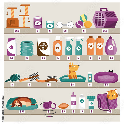 Pet shop shelves with animals and care items, flat vector illustration.