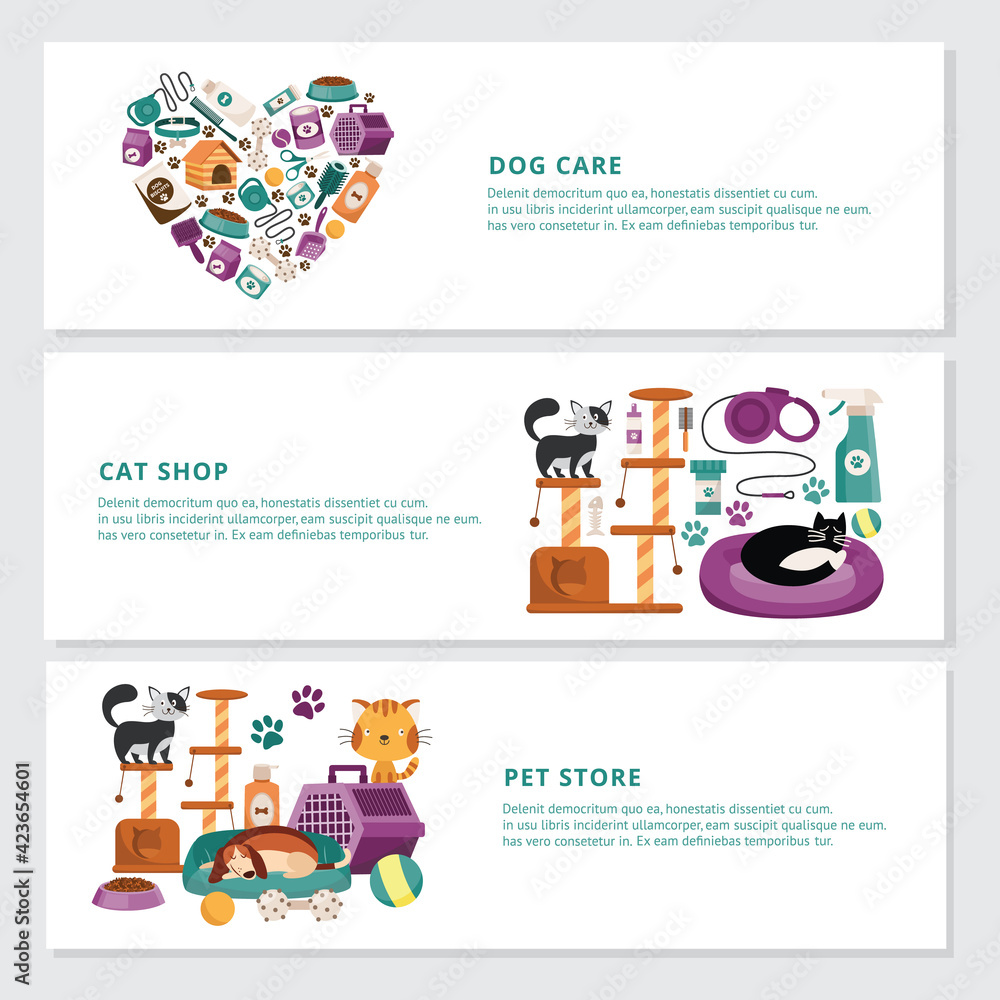 Fototapeta premium Dogs and cats care products banners or flyers set, flat vector illustration.