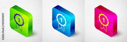 Isometric Dog award symbol icon isolated on grey background. Medal with dog footprint as pets exhibition winner concept. Square button. Vector