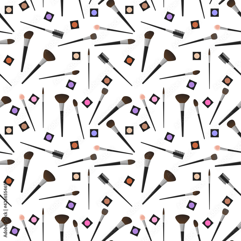 Seamless pattern of eye shadow and makeup brushes on a white background. Vector pattern in flat cartoon style for beauty salons and wrapping paper Seamless pattern of eye shadow and makeup brushes on a white background. Vector pattern in flat cartoon style for beauty salons and wrapping paper