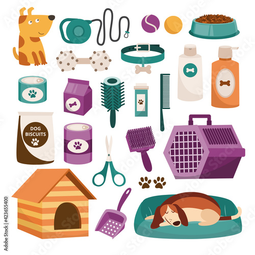Dog care items set with pet care accessories, flat vector illustration isolated.