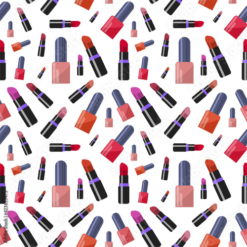Seamless pattern of red lipsticks and nail polishes on a white background. Vector pattern in flat cartoon style for beauty salons and wrapping paper