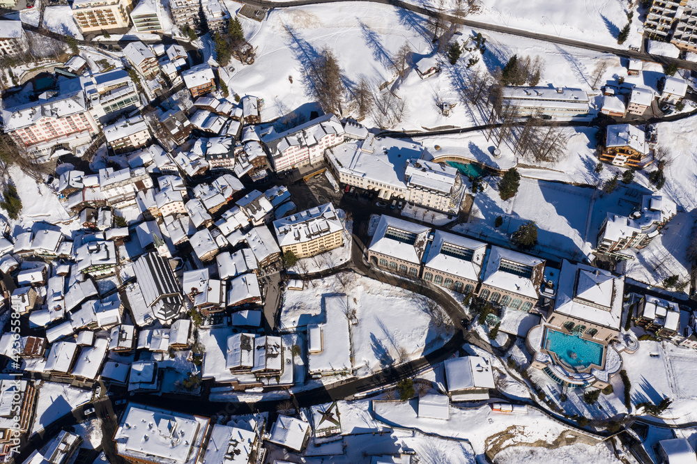 Aerial view of the Leukerbad, or Loeche les bains in French, village in the alps in Canton Valais in Switzerland. The resort is famous for its thermal bath.
