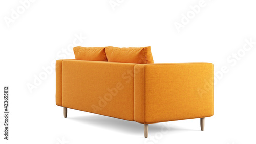 Modern orange textile sofa on isolated white background. Furniture for modern interior, minimalist design.