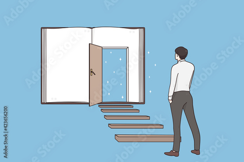 Possibilities, Success, leadership concept. Back of businessman standing on ladder forward and looking ahead for new possibilities and development at open door vector illustration 