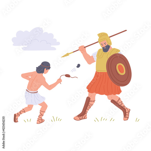 Old Testament bible David and Goliath, flat vector illustration isolated.