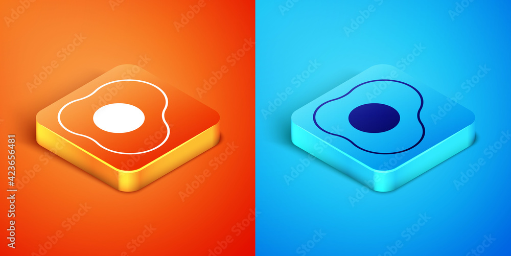 Isometric Scrambled eggs icon isolated on orange and blue background. Home cooked food, fried egg, healthy breakfast, omelet icon. Vector Isometric Scrambled eggs icon isolated on orange and blue background. Home cooked food, fried egg, healthy breakfast, omelet icon. Vector