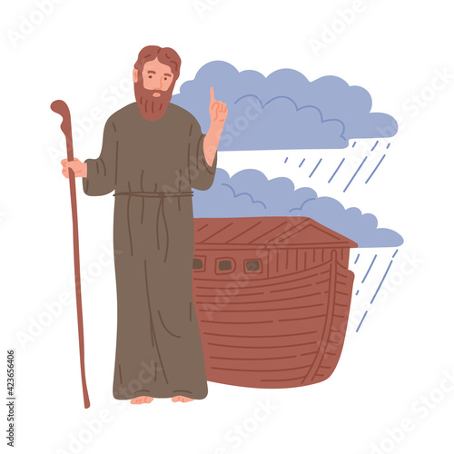 Old Testament bible story of Noah and his ark flat vector illustration isolated.