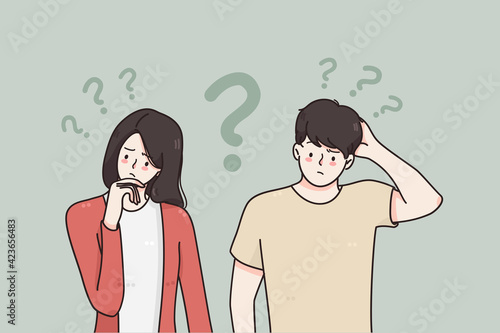 Doubt, asking questions, uncertain concept. Young frustrated couple man and woman standing touching faces feeling doubt with question signs above vector illustration 