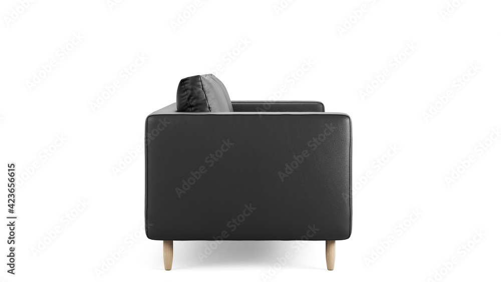 Modern black leather upholstery sofa on isolated white background. Furniture for modern interior, minimalist design. Modern black leather upholstery sofa on isolated white background. Furniture for modern interior, minimalist design.