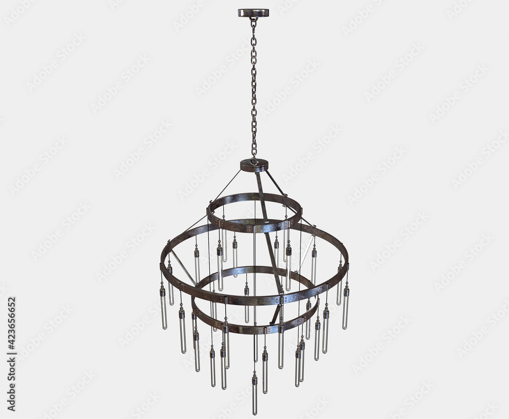 A decorative chandelier made out of tarnished iron with hanging glass lamps on an isolated background - 3D render A decorative chandelier made out of tarnished iron with hanging glass lamps on an isolated background - 3D render