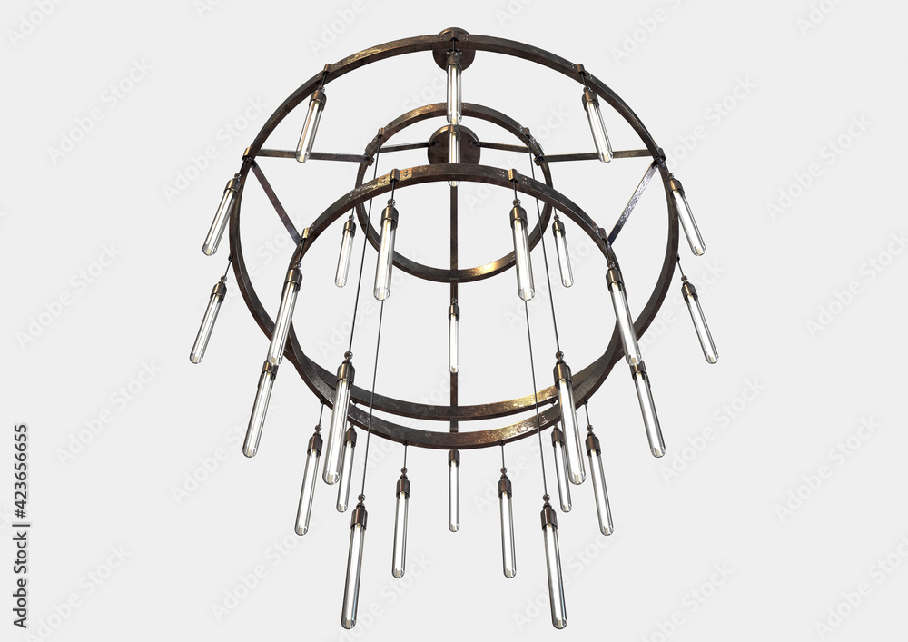 A decorative chandelier made out of tarnished iron with hanging glass lamps on an isolated background - 3D render A decorative chandelier made out of tarnished iron with hanging glass lamps on an isolated background - 3D render