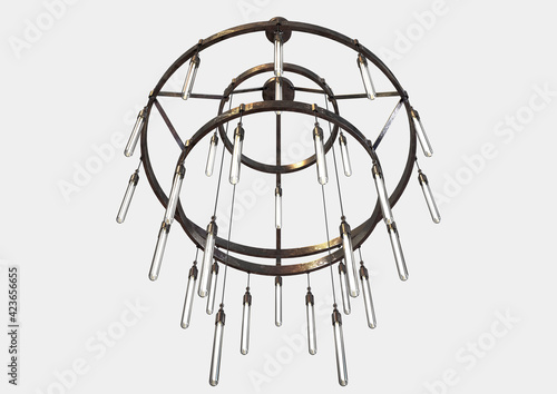 Tableau sur toile A decorative chandelier made out of tarnished iron with hanging glass lamps on a