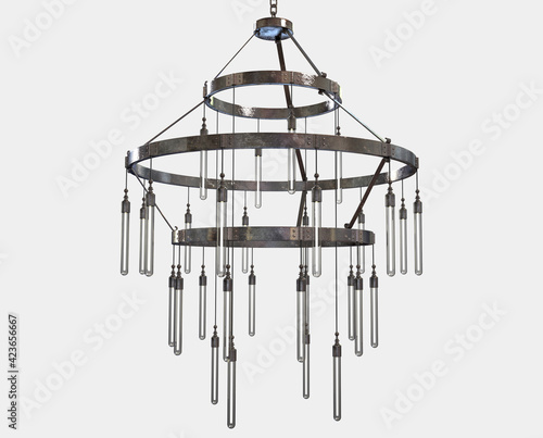 A decorative chandelier made out of tarnished iron with hanging glass lamps on an isolated background - 3D render