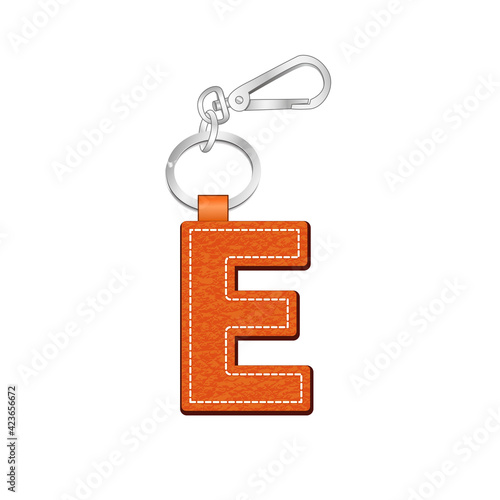 Letter E key chain, leather texture keychain, bag charm, key ring vector