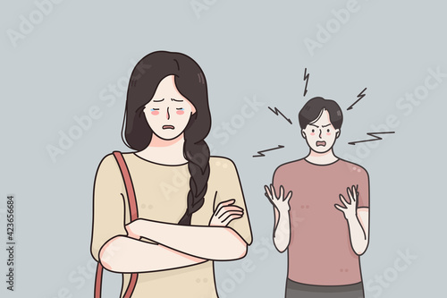 Breakup, divorce and quarrelling concept. Young unhappy couple girlfriend and boyfriend standing quarrelling fighting ready for breaking up vector illustration 