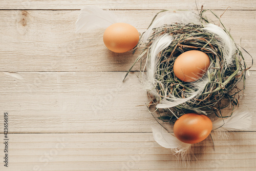 Easter symbol. Natural colour eggs in basket with spring tulips, white feathers on wooden table background in Happy Easter decoration. Congratulatory easter flat lay design.