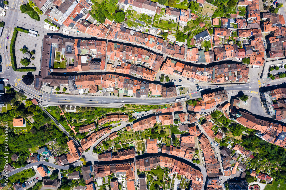 Top down view of Fribourg old town with various landmark such as the town hall and the funicular in Switzerland