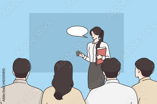 Coach, presentation and business presentation concept. Businesswoman cartoon character standing at podium with documents giving speech seminar for audience in office vector illustration 