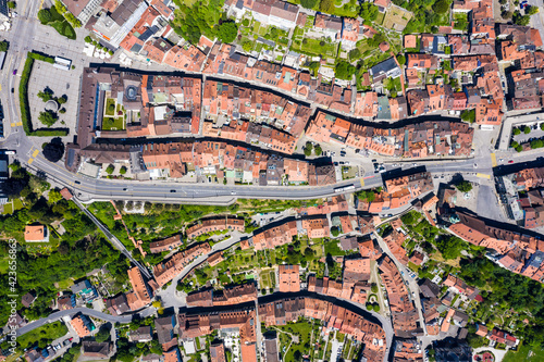 Obraz na płótnie Top down view of Fribourg old town with various landmark such as the town hall and the funicular in Switzerland w salonie