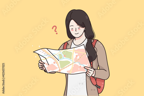 Traveling, tourism, vacations concept. Young smiling girl traveler tourist standing with map and trying to understand where to go vector illustration 