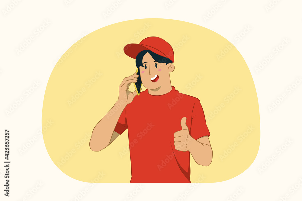 Delivery young man hold cellphone show thumb up gesture concept