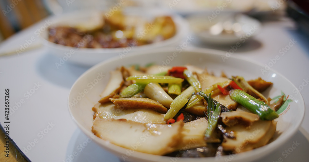 Chinese style dishes at home, abalone with green onion Chinese style dishes at home, abalone with green onion