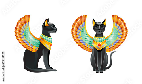 Egyptian Cats. Bastet goddess. Black cat set with scarab wing and gold necklace. Statuette from ancient Egypt art. Cartoon 3d icon. Logo design. Old style vector illustration isolated white background