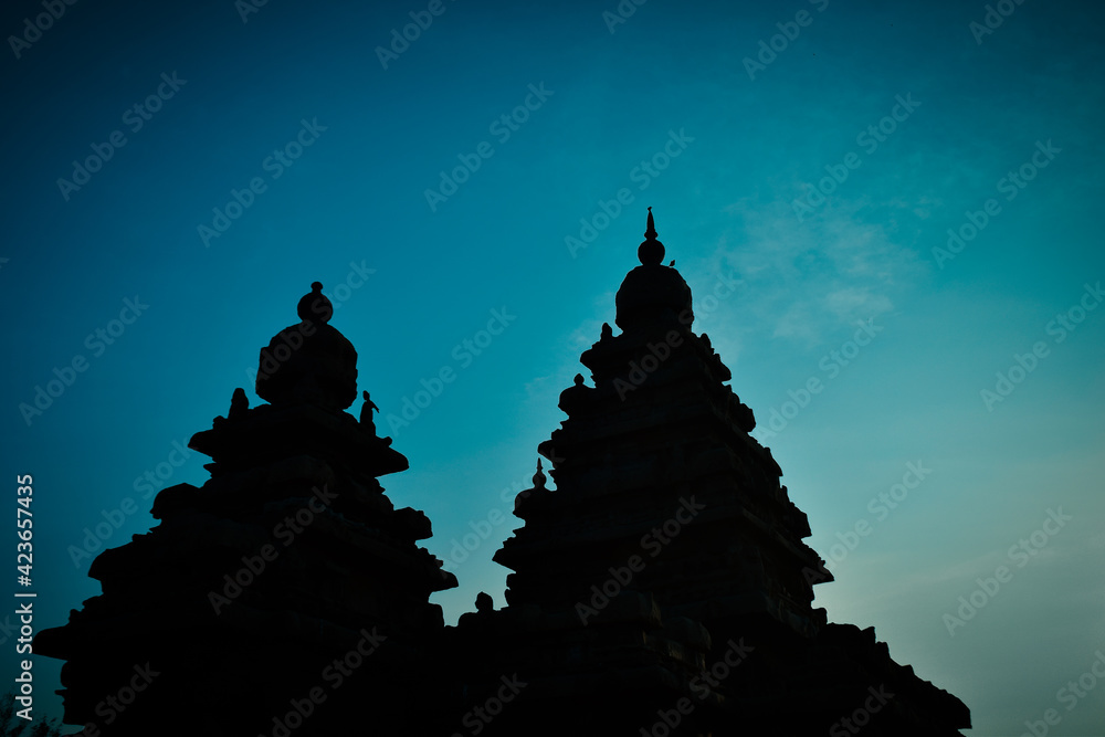 Silhouette Effect Of Shore temple built by Pallavas is UNESCO World Heritage Site located at Great South Indian architecture, Tamil Nadu, Mamallapuram