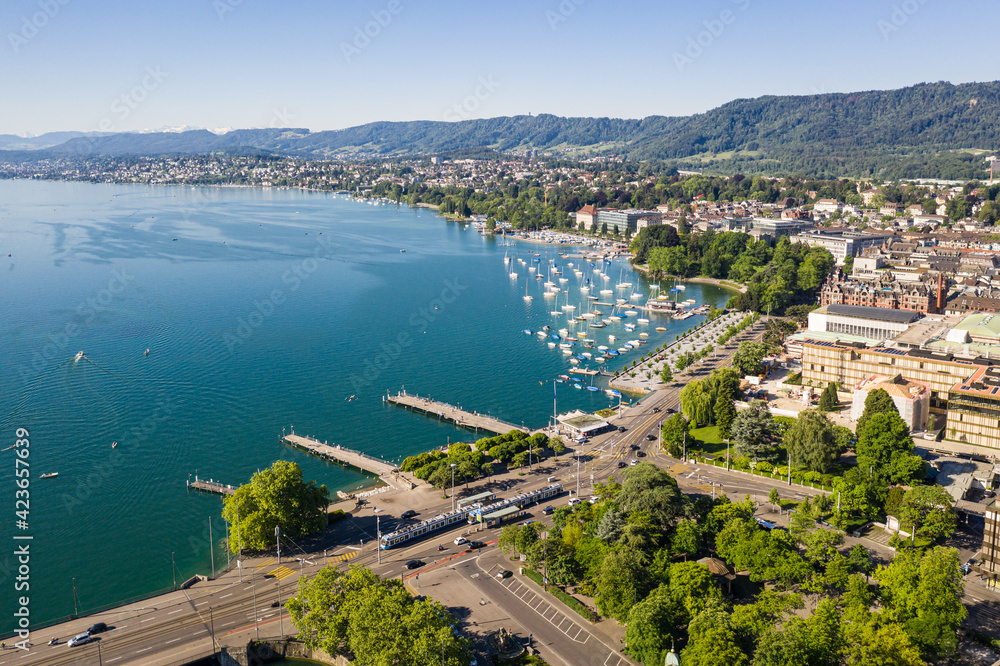 Aerial view of the Zurich cityscape with the quay along the lake Zurich on a sunny summer day in Switzerland largest city