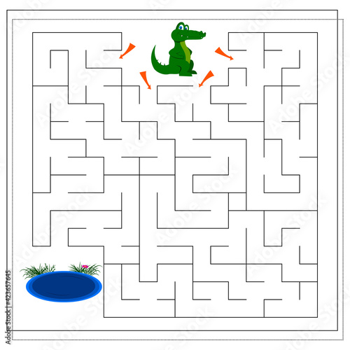 A maze game for kids. guide the crocodile through the maze to the water. Vector isolated on a white background.